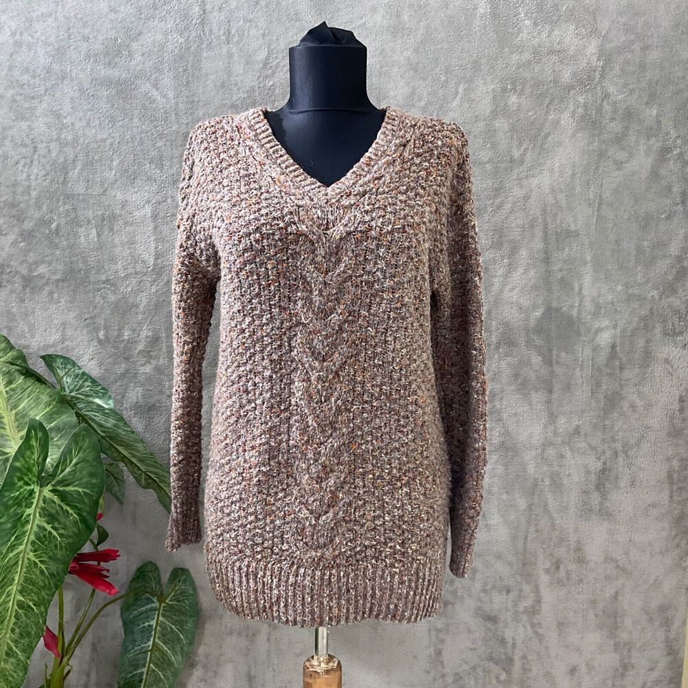 Adrienne Vittadini Cable Knit V-Neck confetti sweater women’s Small Brown LS